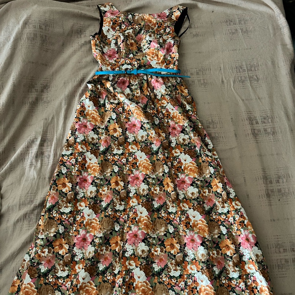 Floral Maxi Dress with Blue Belt
